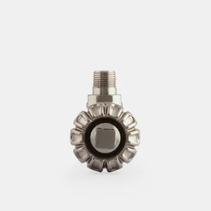 Chatsworth radiator valve in Satin Nickel seen end-on, showing a fluted round head, square spindle and threaded tail, on a pale grey background.