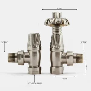 Pair of Chatsworth angled radiator valves in Satin Nickel with ornate fluted heads, one thermostatic, shown with dimension labels on grey.