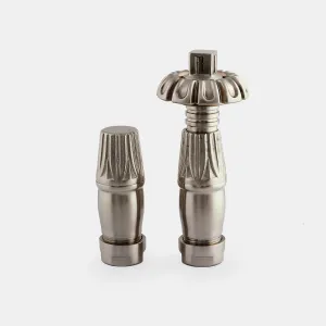 Chatsworth radiator valve and lockshield in Satin Nickel, standing upright with fluted bodies, one topped by a scalloped ornate head.