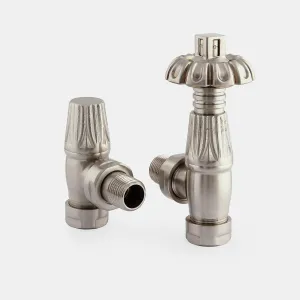 Chatsworth angled thermostatic radiator valve and matching lockshield in Satin Nickel, with ornate fluted bodies and a petal-shaped head, on grey.