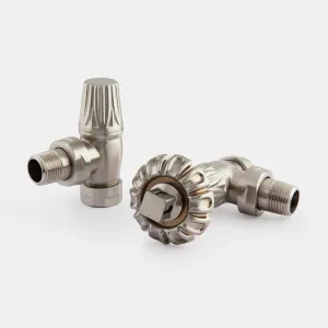 A pair of Chatsworth angled radiator valves in Satin Nickel, one with a fluted head and one with a scalloped lockshield cap, on a white background.