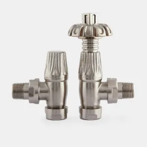 Chatsworth angled thermostatic radiator valve and matching lockshield in Satin Nickel, with fluted ornate heads, on a plain grey background.