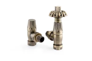 Pair of Chatsworth angled radiator valves in Antique Brass, a thermostatic valve with ornate fluted head and a lockshield, on white.