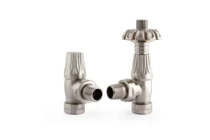 Chatsworth angled thermostatic radiator valve and matching lockshield in Satin Nickel, with fluted ornate heads, on a white background.
