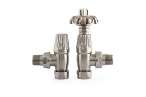 Chatsworth angled thermostatic radiator valve and matching lockshield in Satin Nickel, with ornate fluted heads, on a white background.