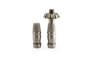 Two ornate Chatsworth radiator valves in Satin Nickel, upright on white: a fluted lockshield and a TRV with a scalloped head and square spindle.