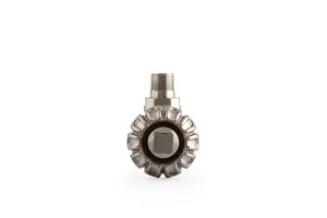 Chatsworth radiator valve in Satin Nickel seen end-on, with a fluted round head, square spindle cap and threaded tail, on a white background.