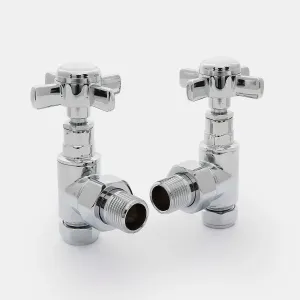 A pair of Crosshead angled manual radiator valves in polished chrome with four-spoke cross handles, on a plain white background.