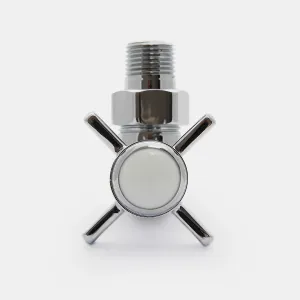 Chrome Crosshead angled manual radiator valve seen head-on, with a four-spoke cross handle, white ceramic cap and threaded tail, on white.