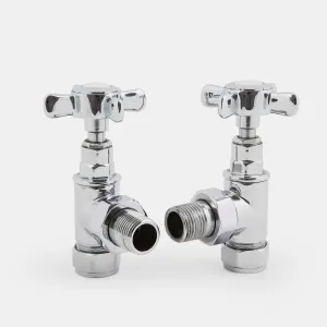 A pair of Crosshead angled manual radiator valves in polished chrome with cross-head handles and white caps, on a plain grey background.