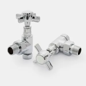 A pair of Crosshead angled manual radiator valves in polished chrome with four-spoke cross handles, on a plain white background.