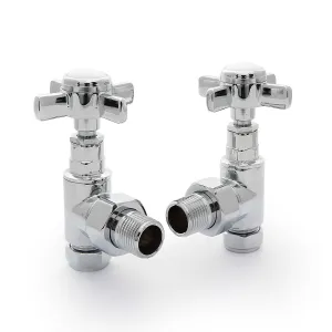 A pair of chrome Crosshead angled radiator valves with four-spoke cross-top handles and threaded tails, on a white background.