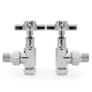 A pair of angled Crosshead radiator valves in polished chrome with cross-shaped handles and threaded tails, on a white background.