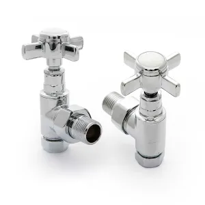 A pair of Crosshead angled radiator valves in polished chrome with four-spoke cross handles, shown on a white background.