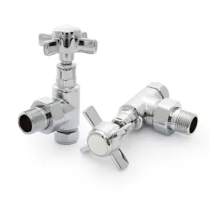 A pair of Crosshead angled radiator valves in polished chrome with cross-shaped handles and threaded tails, on a white background.