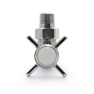 Chrome Crosshead radiator valve seen head-on, with a four-spoke cross handle, white ceramic centre cap and threaded tail, on a white background.
