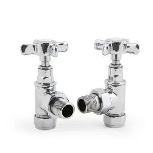 A pair of chrome Crosshead angled radiator valves with cross-shaped handles and white caps, shown against a white background.