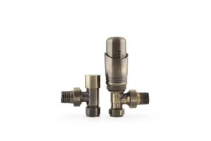 Niva angled thermostatic radiator valve and matching lockshield valve in Antique Brass, shown side by side on a white background.