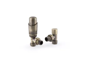 Niva angled thermostatic radiator valve with numbered head beside a matching lockshield valve, both in Antique Brass, on a white background.