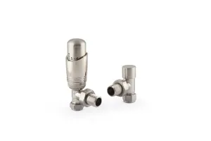 Niva angled thermostatic radiator valve with numbered head and matching angled lockshield valve in Satin Nickel, on a white background.