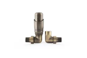 Niva corner thermostatic radiator valve and matching lockshield in Antique Brass, with a numbered thermostatic head, on a white background.