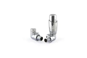 Niva corner thermostatic radiator valve and matching lockshield in polished chrome, shown on a plain white background.