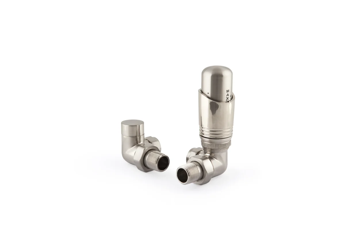 Niva corner thermostatic radiator valve and matching lockshield in Satin Nickel, shown as a pair on a white background.