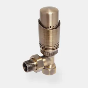 Niva angled thermostatic radiator valve in Antique Brass with a numbered cylindrical head and threaded tail, on a plain grey background.