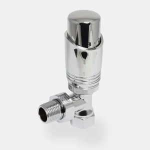 Niva angled thermostatic radiator valve in polished chrome with a numbered head and threaded tail, on a plain pale grey background.