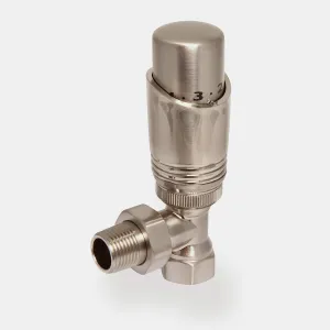 Niva angled thermostatic radiator valve in Satin Nickel with a numbered head, knurled collar and threaded tail, on a pale grey background.