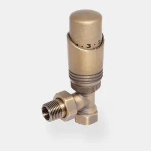 Niva angled thermostatic radiator valve in Natural Brass, with a numbered head, ribbed collar and threaded tail, on a plain grey background.