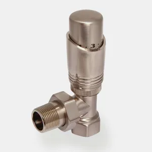 Niva angled thermostatic radiator valve in Satin Nickel with a numbered control head and threaded tail, on a plain grey background.