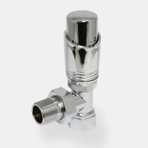 Niva angled thermostatic radiator valve in polished chrome, with a numbered head, knurled collar and threaded tail, on a pale grey background.