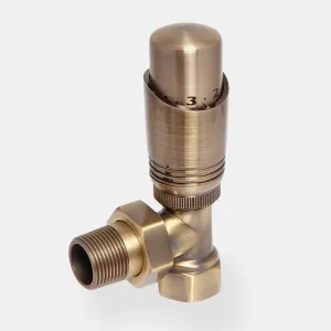 Niva angled thermostatic radiator valve in Antique Brass with a numbered dial head, knurled collar and threaded tail, on a plain grey background.