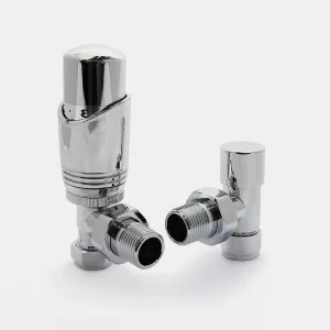 Niva angled thermostatic radiator valve and matching lockshield valve in polished chrome, shown on a plain white background.