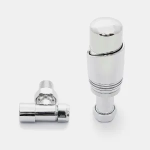 Niva angled thermostatic radiator valve and matching lockshield in polished chrome, shown standing on a plain white background.