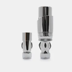 Niva angled thermostatic radiator valve and matching lockshield valve in polished chrome, standing side by side on a white background.