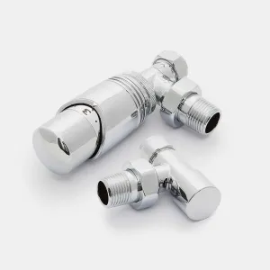 Niva angled thermostatic radiator valve and matching lockshield valve in polished chrome, with threaded tails, on a white background.