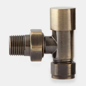 Niva angled radiator lockshield valve in Antique Brass with a plain cylindrical cap, threaded tail and hex nuts, on a pale grey background.