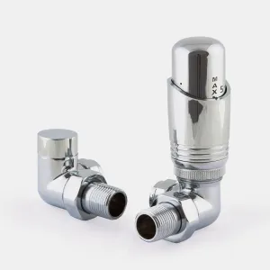 Niva corner thermostatic radiator valve and matching lockshield in polished chrome, with threaded tails, on a plain light grey background.