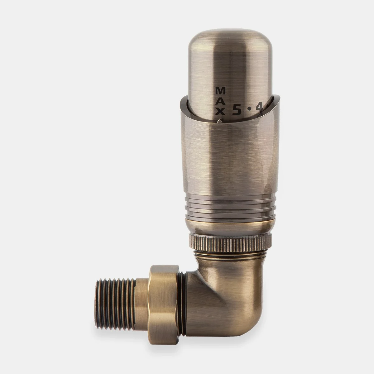 Niva corner thermostatic radiator valve in Antique Brass with a domed head marked MAX 5 4, knurled collar and threaded tail, on a pale grey background.