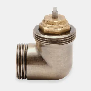 Niva corner thermostatic valve body in brushed Antique Brass, with threaded outlets and a bare brass valve insert and pin, head removed.