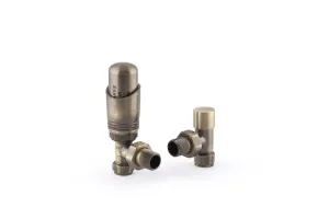 Niva angled thermostatic radiator valve and matching lockshield in an Antique Brass finish, shown on a white background.