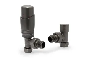 Niva angled thermostatic radiator valve and matching lockshield valve in a Natural Pewter finish on a white background.