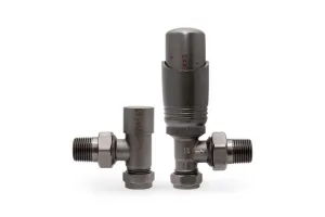 A pair of Niva angled radiator valves in Natural Pewter, a thermostatic valve with a numbered head beside a plain lockshield, on white.