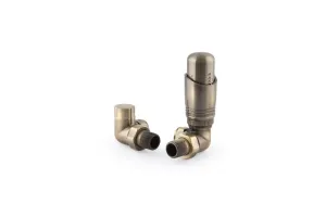 Niva corner thermostatic radiator valve and matching lockshield in Antique Brass, shown side by side on a white background.