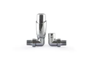 Niva corner thermostatic radiator valve with numbered head and matching lockshield valve in polished chrome, on a white background.