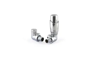 Niva corner radiator valve pair in polished chrome: a thermostatic valve with numbered head beside a matching lockshield, on white.