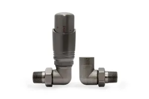 Niva corner thermostatic radiator valve and matching lockshield in Natural Pewter, with threaded tails and hex nuts, on a white background.