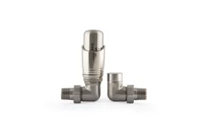Niva corner thermostatic radiator valve and matching lockshield in Satin Nickel, with a numbered thermostatic head, on a white background.